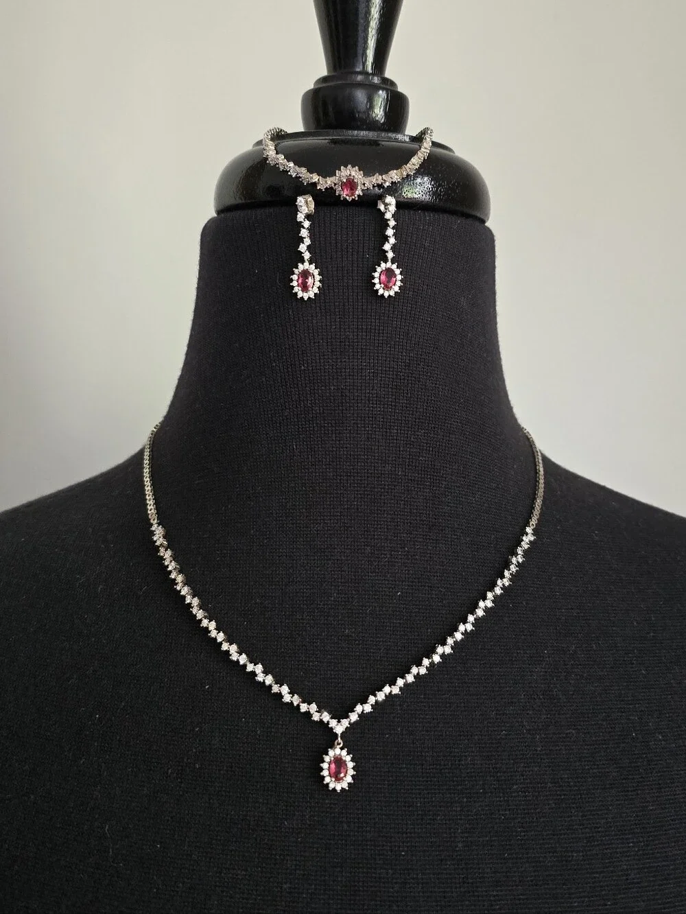3 Pc Sterling Silver CZ Ruby Necklace, Bracelet and Drop Earring Set